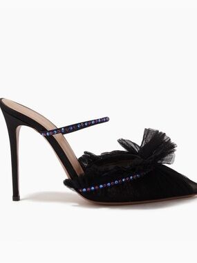 Black Tulle Mule Heels with Iridescent Rhinestone Straps